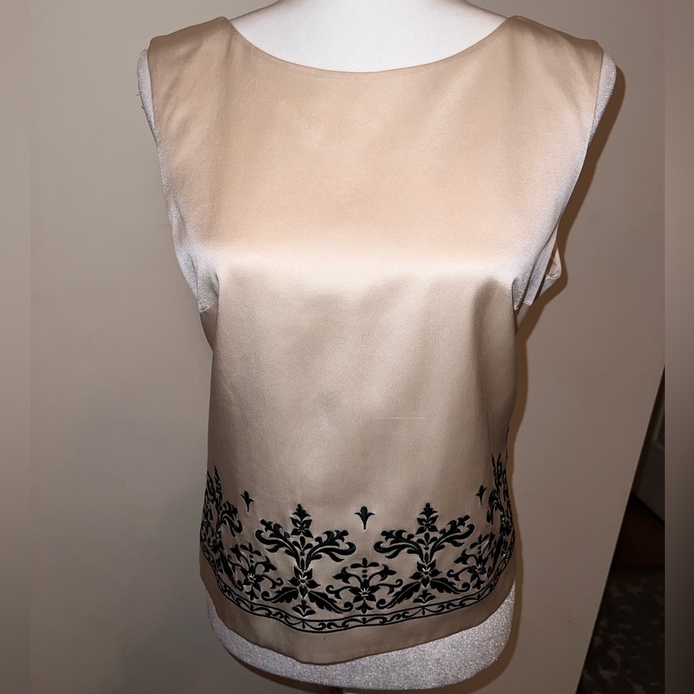 Silk Talbots Cream Sleeveless Top with Black Embroidery
